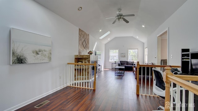 9 Salem Rd, East Brunswick, NJ 08816 - home office featuring ceiling fan, wood finished floors, recessed lighting, a fireplace, and lofted ceiling