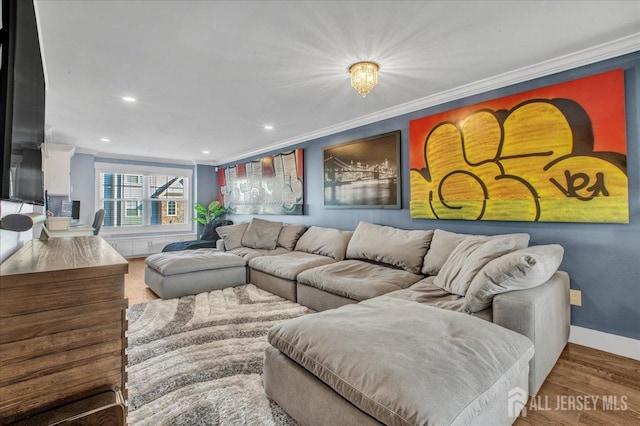 238 Main St, South Amboy, NJ 08879 - living room featuring ornamental molding, baseboards, wood finished floors, and recessed lighting