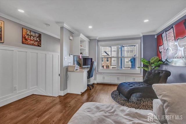 238 Main St, South Amboy, NJ 08879 - bedroom with ornamental molding, wood finished floors, an office area, a decorative wall, and recessed lighting