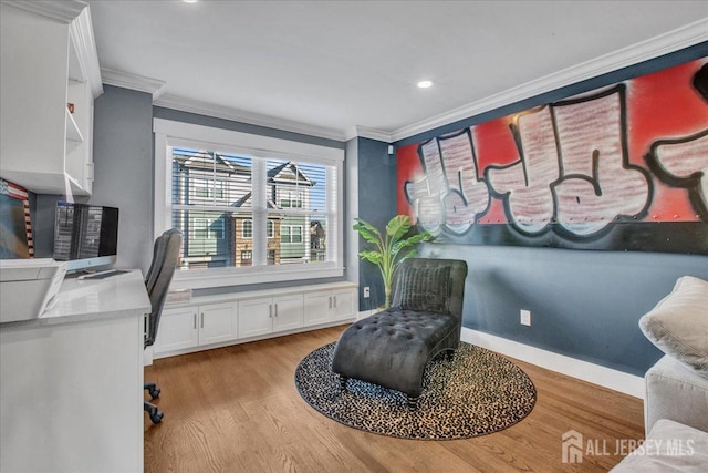 238 Main St, South Amboy, NJ 08879 - living area featuring ornamental molding, a desk, light wood-type flooring, recessed lighting, and baseboards