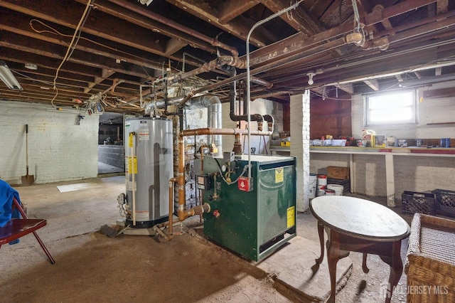 basement with a heating unit and gas water heater