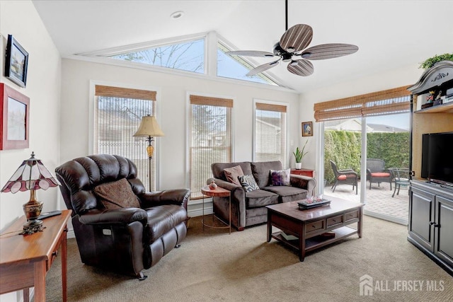 490 Grandin Rd Unit A, Monroe, NJ 08831 - living area with light colored carpet, a ceiling fan, and vaulted ceiling