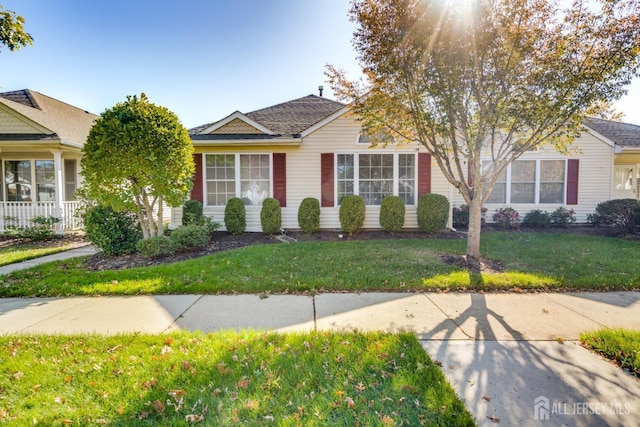 view of front of house with a front yard and roof with shingles