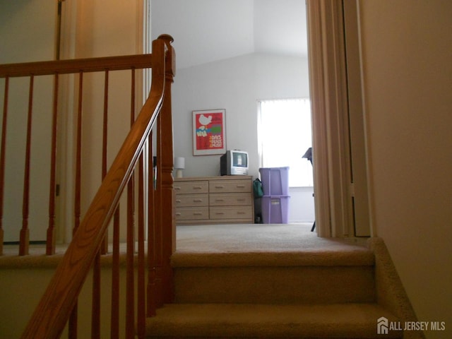 4222 N Bayberry Ct N, South Brunswick, NJ 08852 - stairway featuring vaulted ceiling and carpet