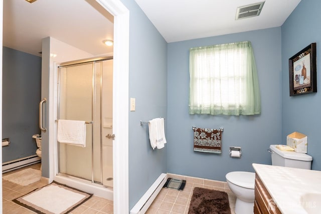 bathroom with a baseboard radiator, a shower with shower door, vanity, and toilet