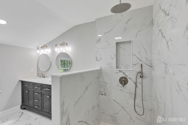 141 Day St, South Plainfield, NJ 07080 - bathroom featuring vanity, a marble finish shower, marble finish floors, and lofted ceiling