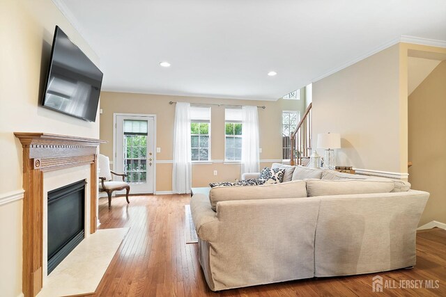 4 Sandra Ct Unit 2743, Old Bridge, NJ 08857 - living area featuring ornamental molding, a fireplace, wood finished floors, baseboards, and recessed lighting