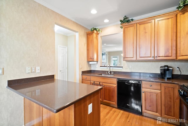 4 Sandra Ct Unit 2743, Old Bridge, NJ 08857 - kitchen featuring black appliances, a sink, a peninsula, light wood-style flooring, and ornamental molding