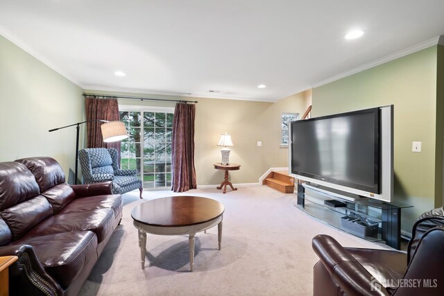 4 Sandra Ct Unit 2743, Old Bridge, NJ 08857 - living area featuring ornamental molding, carpet floors, baseboards, and recessed lighting