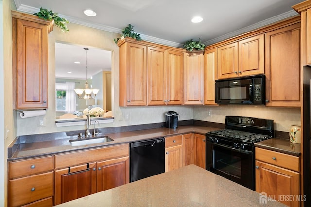 4 Sandra Ct Unit 2743, Old Bridge, NJ 08857 - kitchen with black appliances, a sink, a chandelier, dark countertops, and ornamental molding
