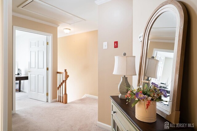 4 Sandra Ct Unit 2743, Old Bridge, NJ 08857 - corridor featuring attic access, an upstairs landing, ornamental molding, light colored carpet, and baseboards