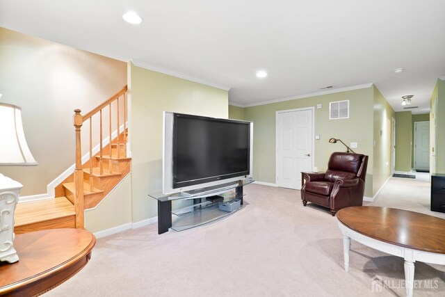 4 Sandra Ct Unit 2743, Old Bridge, NJ 08857 - carpeted living room with stairway, ornamental molding, baseboards, and recessed lighting