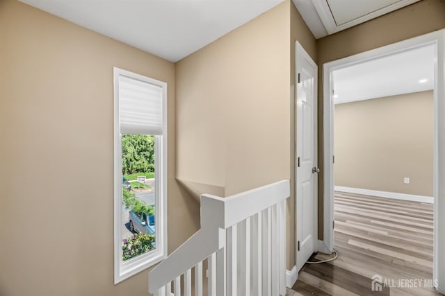 1018 Schmidt Ln, North Brunswick, NJ 08902 - corridor with wood finished floors, baseboards, and an upstairs landing