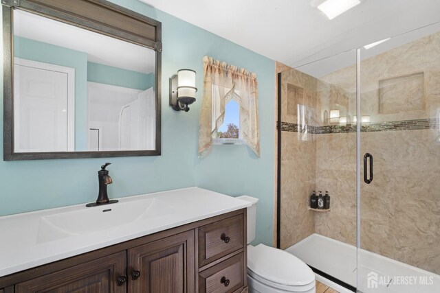 bathroom with vanity, a stall shower, and toilet