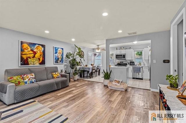 60 Sycamore St, Carteret, NJ 07008 - living area featuring ceiling fan, light wood-type flooring, and recessed lighting