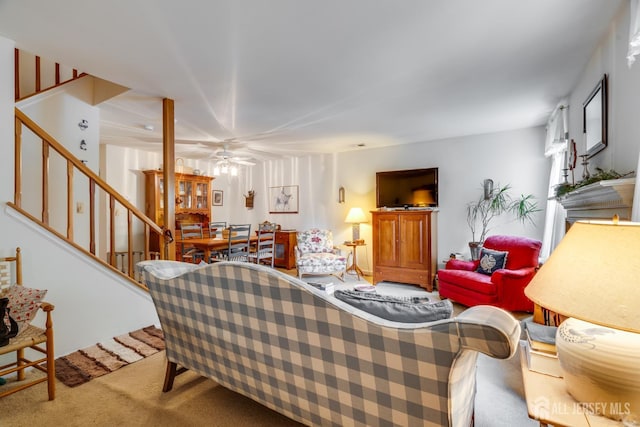43 Nottingham Way, Franklin, NJ 08873 - living area featuring carpet flooring, stairway, and ceiling fan