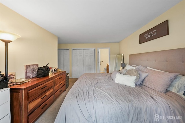 carpeted bedroom featuring multiple closets