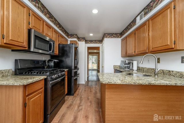 kitchen featuring light stone counters, a peninsula, stainless steel appliances, and a sink