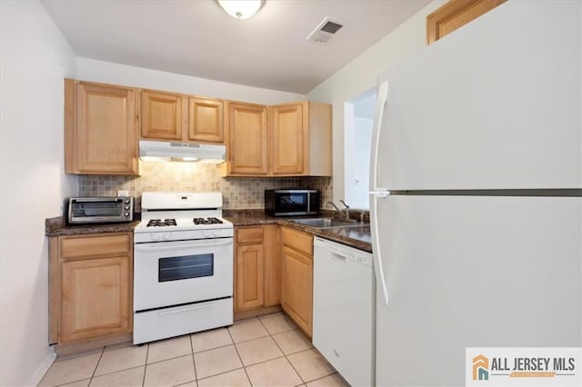 1601 Pebble Pl Unit 1601, Sayreville, NJ 08859 - kitchen featuring a toaster, dark countertops, white appliances, under cabinet range hood, and a sink