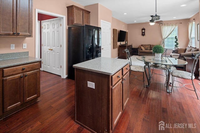 15 Homestead Dr, Burlington Twp, NJ 08068 - kitchen featuring open floor plan, dark wood finished floors, a ceiling fan, black fridge, and recessed lighting