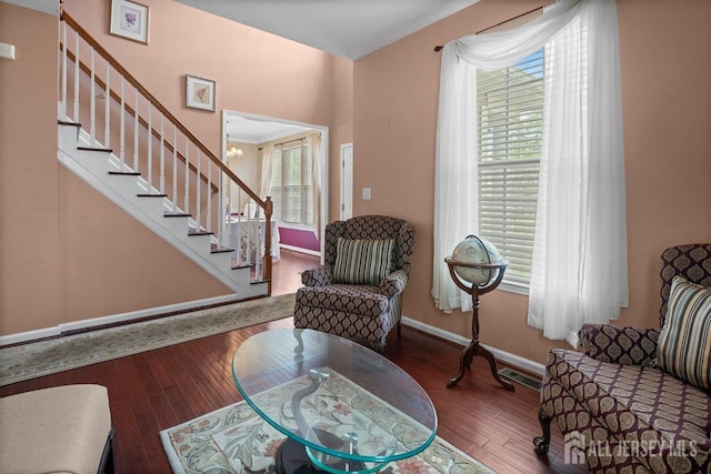 15 Homestead Dr, Burlington Twp, NJ 08068 - sitting room with stairs, wood finished floors, and baseboards