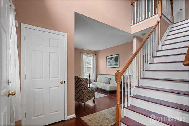15 Homestead Dr, Burlington Twp, NJ 08068 - entrance foyer with dark wood finished floors, stairway, and baseboards