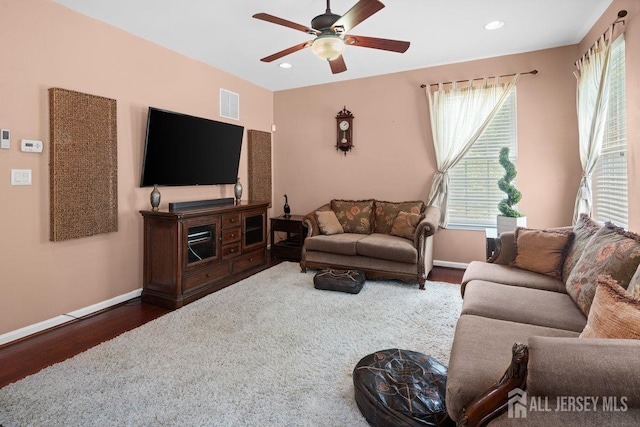 15 Homestead Dr, Burlington Twp, NJ 08068 - living room with wood finished floors, a ceiling fan, plenty of natural light, baseboards, and recessed lighting