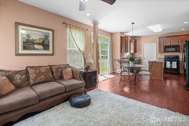 15 Homestead Dr, Burlington Twp, NJ 08068 - living room featuring dark wood-style floors, ceiling fan, and recessed lighting