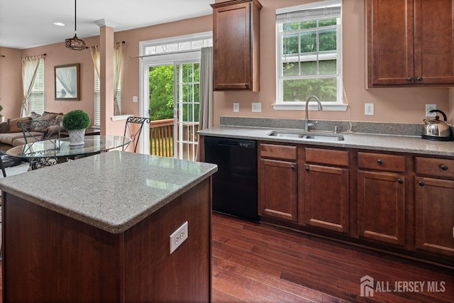 15 Homestead Dr, Burlington Twp, NJ 08068 - kitchen featuring dishwasher, a sink, dark wood-type flooring, open floor plan, and a kitchen island