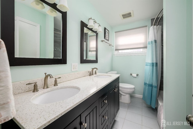 bathroom with tile patterned flooring, toilet, visible vents, and a sink