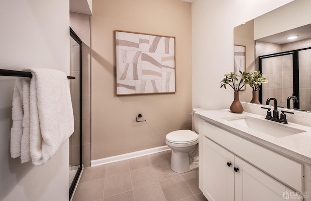 bathroom with tile patterned floors, a shower with door, vanity, and toilet