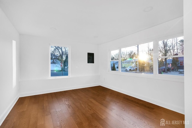 unfurnished room with electric panel, baseboards, and dark wood-style flooring