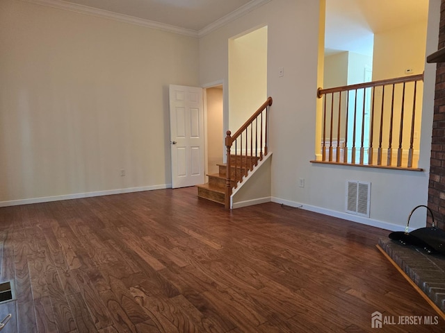 50 Pheasant Run, Edison, NJ 08820 - unfurnished living room with dark wood-type flooring, baseboards, ornamental molding, and stairway