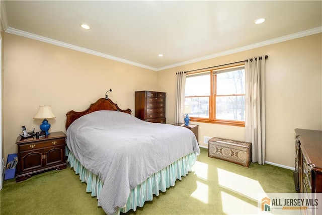 carpeted bedroom with crown molding, recessed lighting, and baseboards