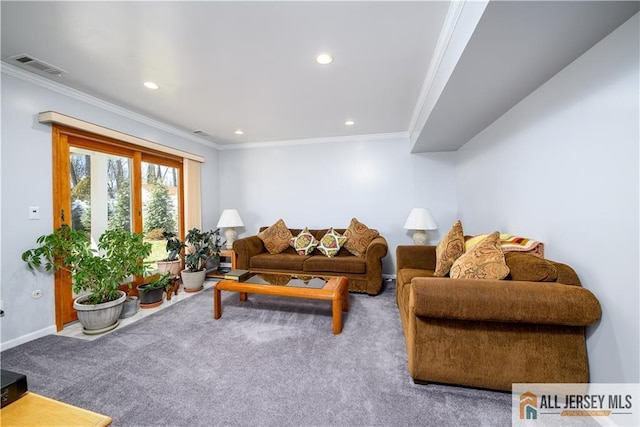 living area featuring carpet flooring, recessed lighting, visible vents, and ornamental molding