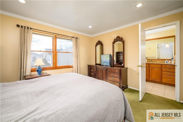 bedroom with recessed lighting, light colored carpet, and ornamental molding