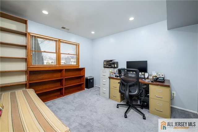 carpeted home office featuring visible vents and recessed lighting