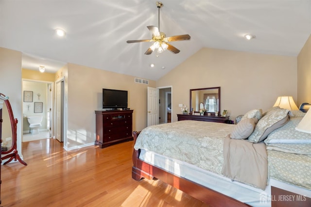 bedroom featuring visible vents, baseboards, light wood-type flooring, lofted ceiling, and a ceiling fan