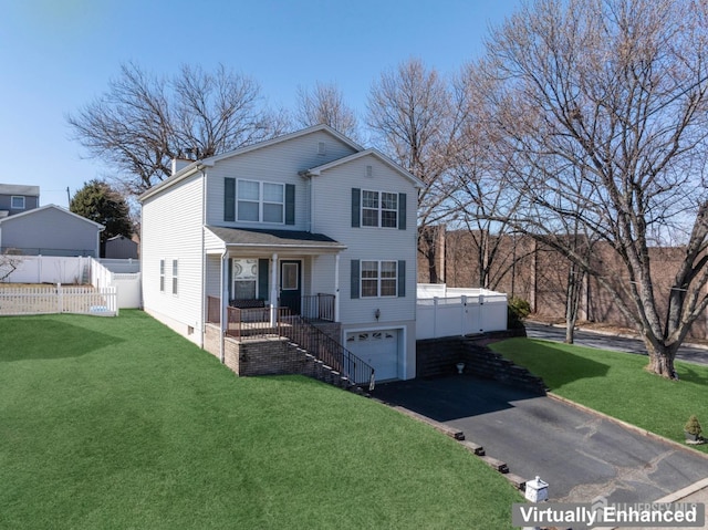 traditional-style home with a front yard, driveway, an attached garage, covered porch, and stairs