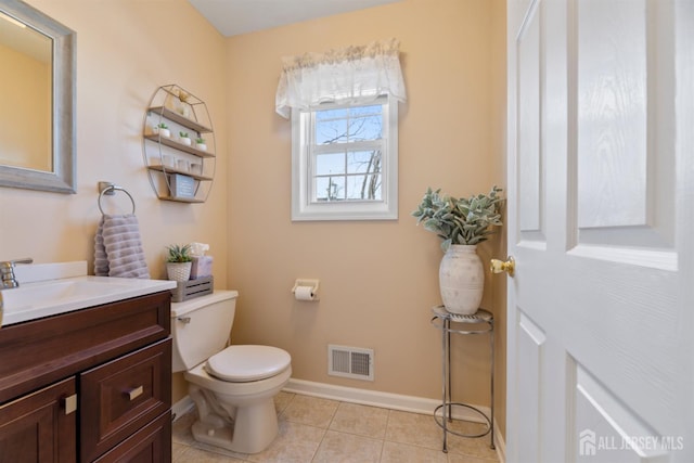 half bathroom featuring tile patterned flooring, visible vents, baseboards, toilet, and vanity