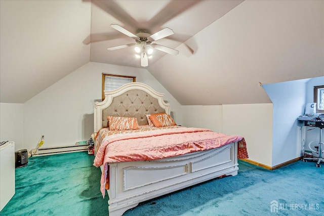 1332 Crescent Ave, Roselle, NJ 07203 - bedroom featuring carpet flooring, baseboard heating, lofted ceiling, ceiling fan, and multiple windows
