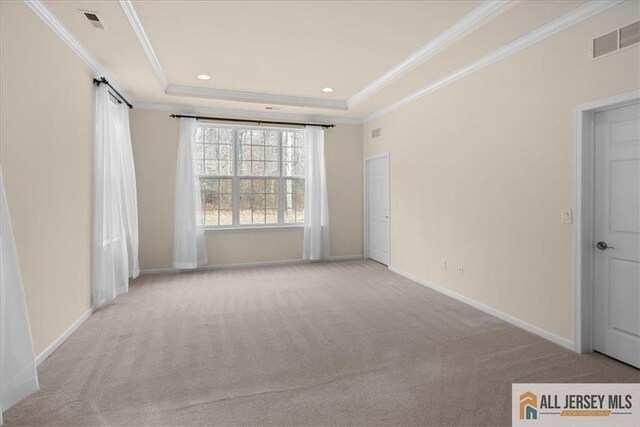 carpeted spare room with a tray ceiling and ornamental molding