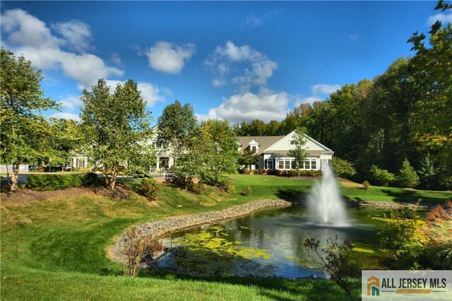 view of community featuring a water view and a lawn