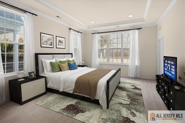 carpeted bedroom featuring ornamental molding and a raised ceiling