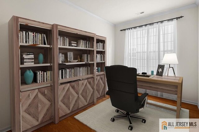 office with ornamental molding and wood-type flooring