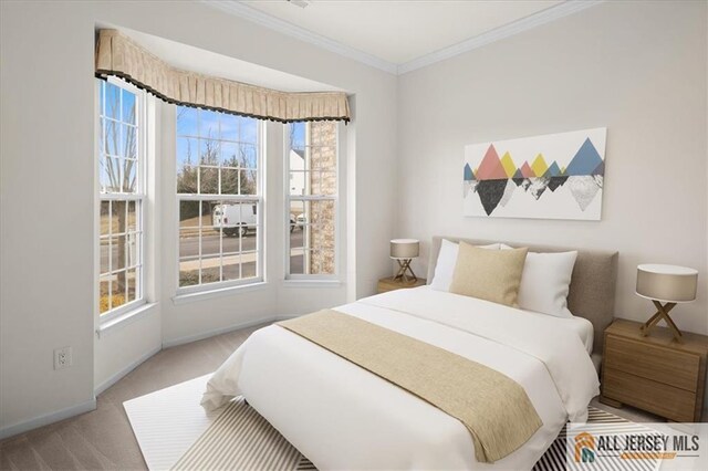 carpeted bedroom with crown molding