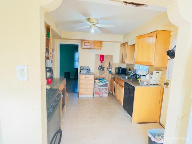 910 Roanoke Ave, Hillside, NJ 07205 - kitchen with black appliances, a sink, a ceiling fan, and light brown cabinets