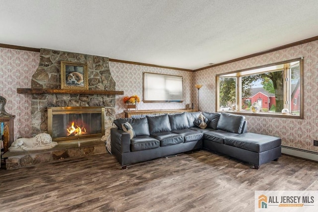 14 Fisher Ave, Middlesex, NJ 08846 - living area featuring wallpapered walls, ornamental molding, wood finished floors, a textured ceiling, and a stone fireplace