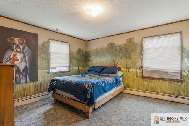 14 Fisher Ave, Middlesex, NJ 08846 - bedroom featuring a baseboard heating unit, crown molding, carpet floors, and a textured ceiling