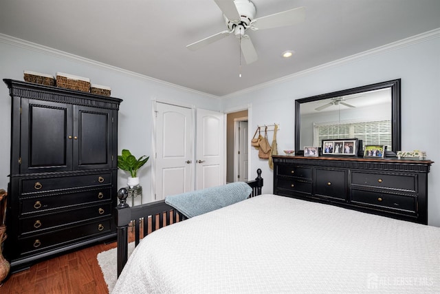 7 Manor Ct, Old Bridge, NJ 08857 - bedroom featuring dark wood finished floors, ornamental molding, ceiling fan, and a closet